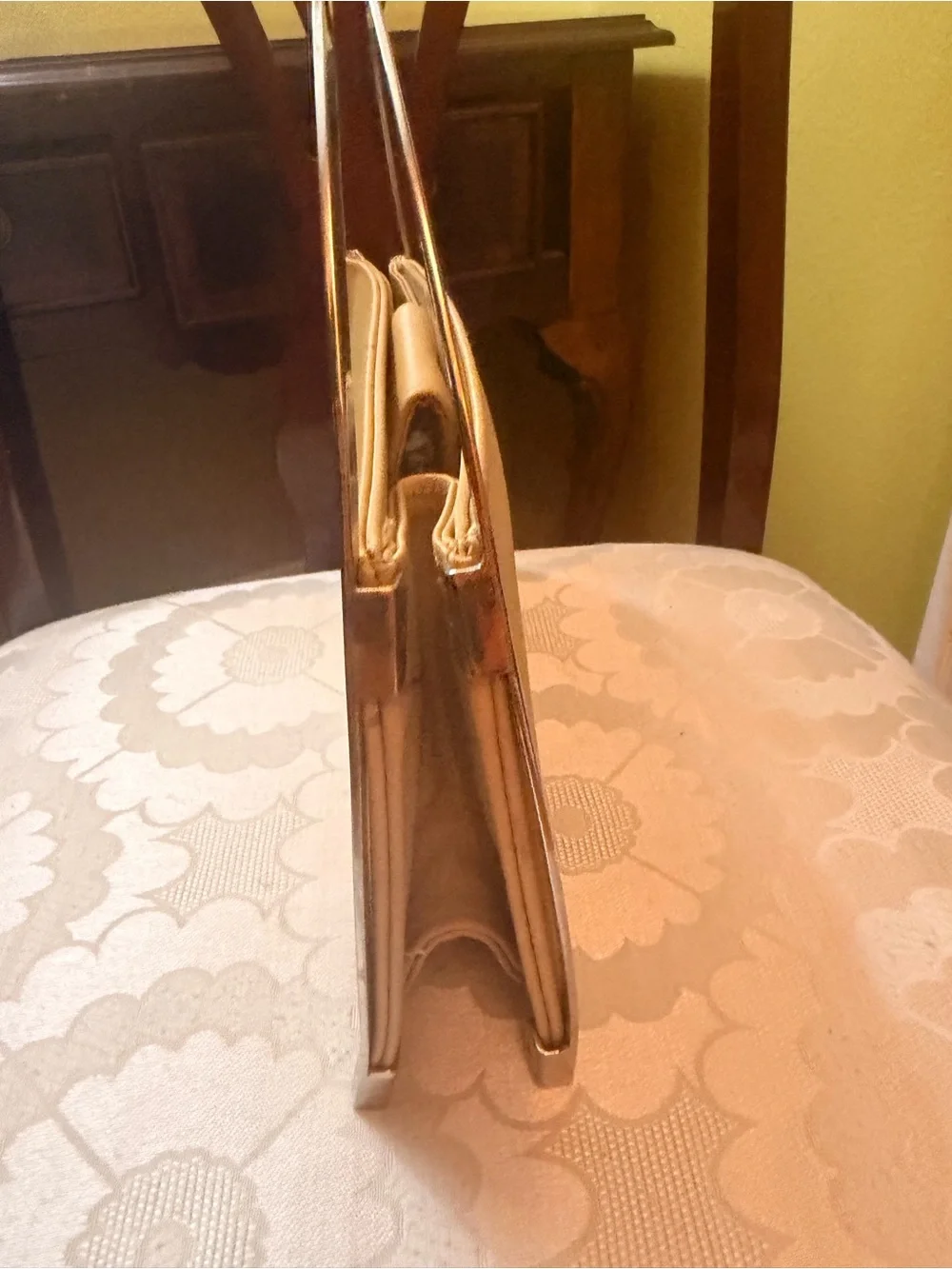 Cream Top-Handle Clutch with Metal Frame